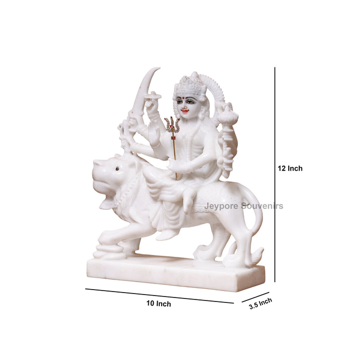 12" Pure Handcrafted White Marble Goddess Durga Idol with Lion