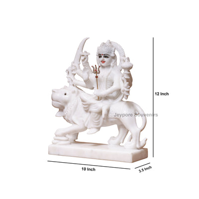 12" Pure Handcrafted White Marble Goddess Durga Idol with Lion