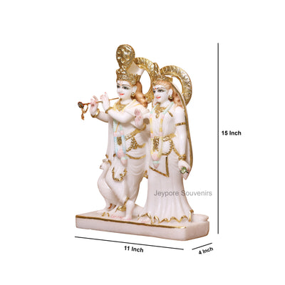 15" Radha Krishna Pure White Marble Statue With Real Gold Leaf Work