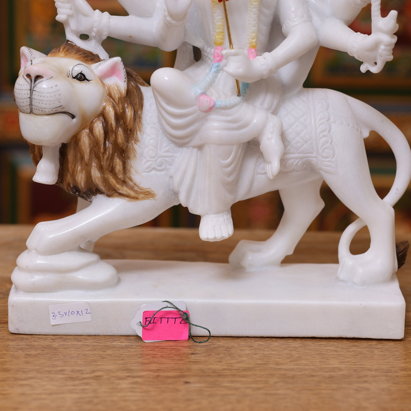 12" Pure White Marble Goddess Durga Idol on Lion