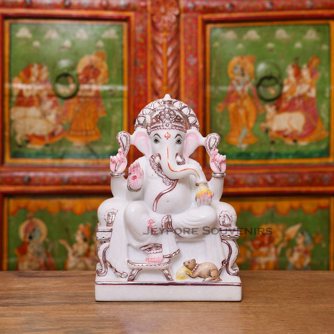 12" Handcrafted White Marble Lord Ganesha Idol