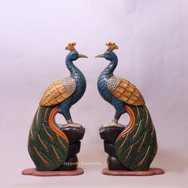 37" Grand Hand-Carved Wooden Peacock Statue