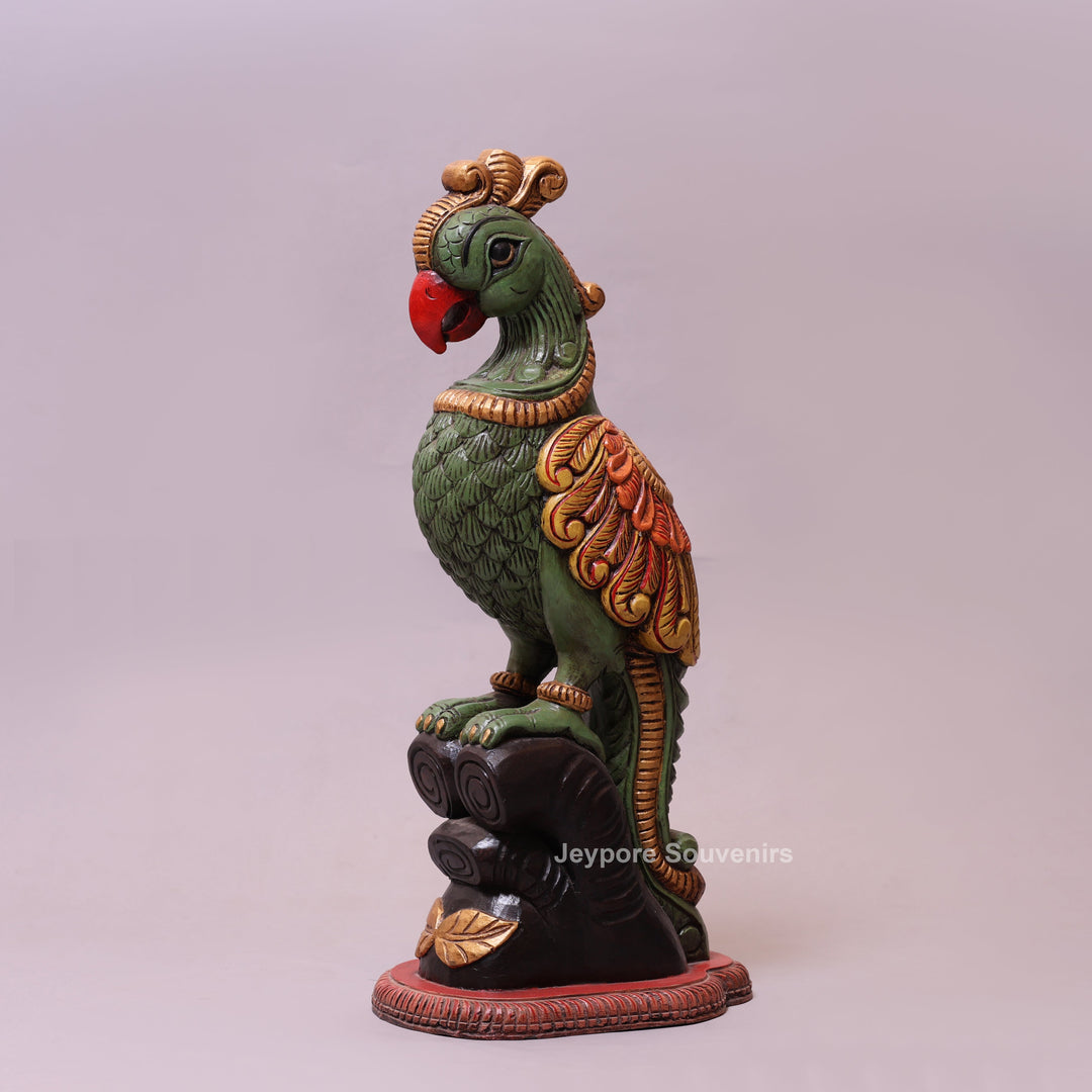 25" Hand-Carved &amp; Hand-Painted Wooden Parrot Statue