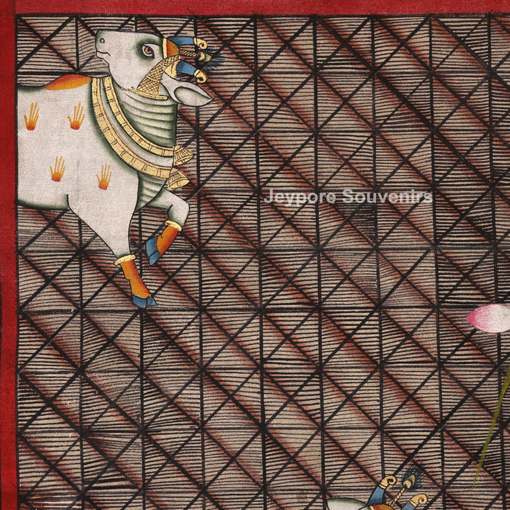 Pichwai Painting Featuring Cows and Lotus Motifs