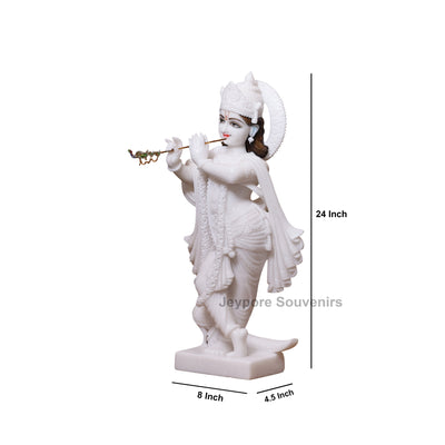 24" Handcrafted Radha Krishna Pure White Marble Statues Pair