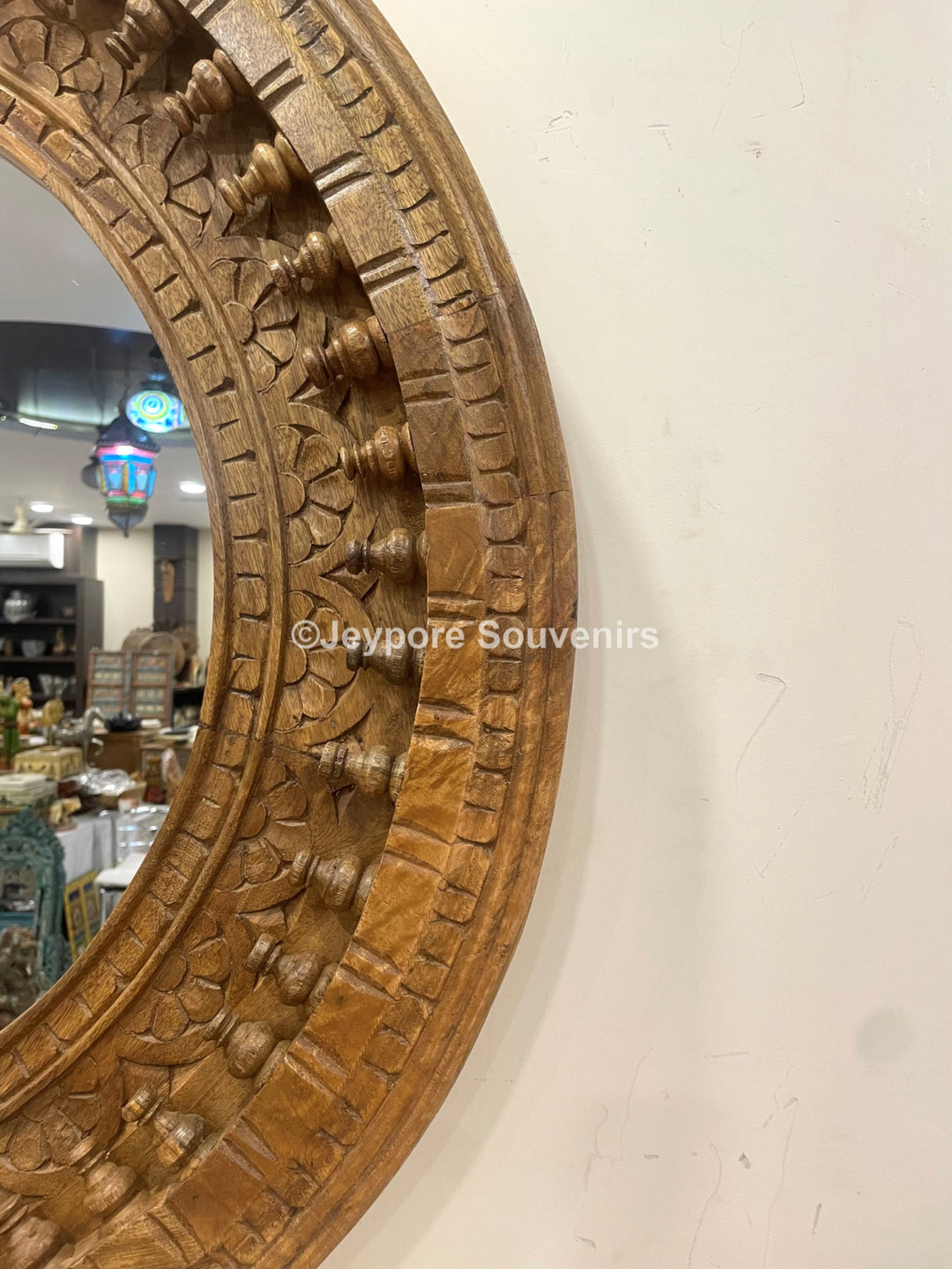 Hand carved wooden round wall mirror