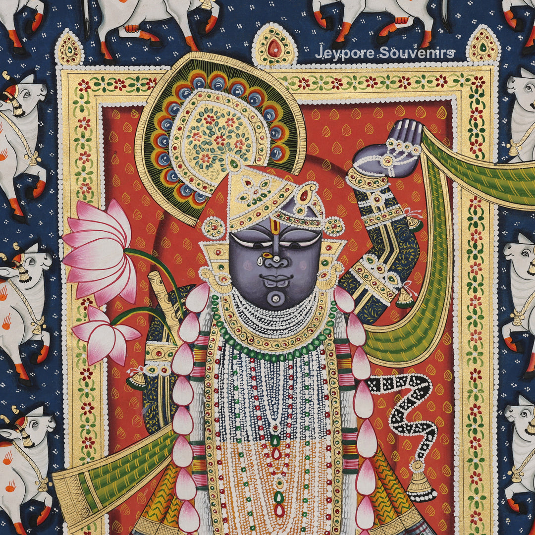 Handcrafted Pichwai Style Shrinathji Painting with Sacred Cows