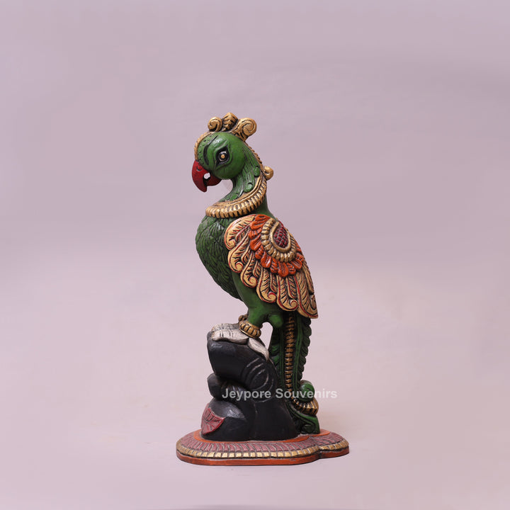 19" Hand-Carved Wooden Parrot Statue