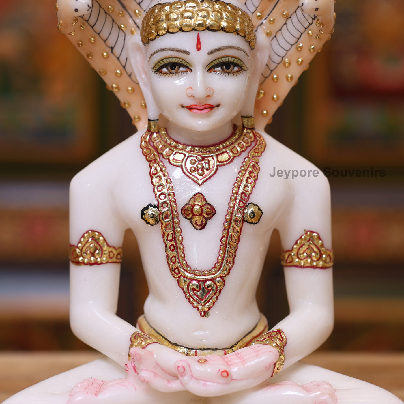 9" Pure White Marble Bhagwan Parshvanatha Idol with Real Gold Leaf Work | Handcrafted Jain Tirthankara Statue