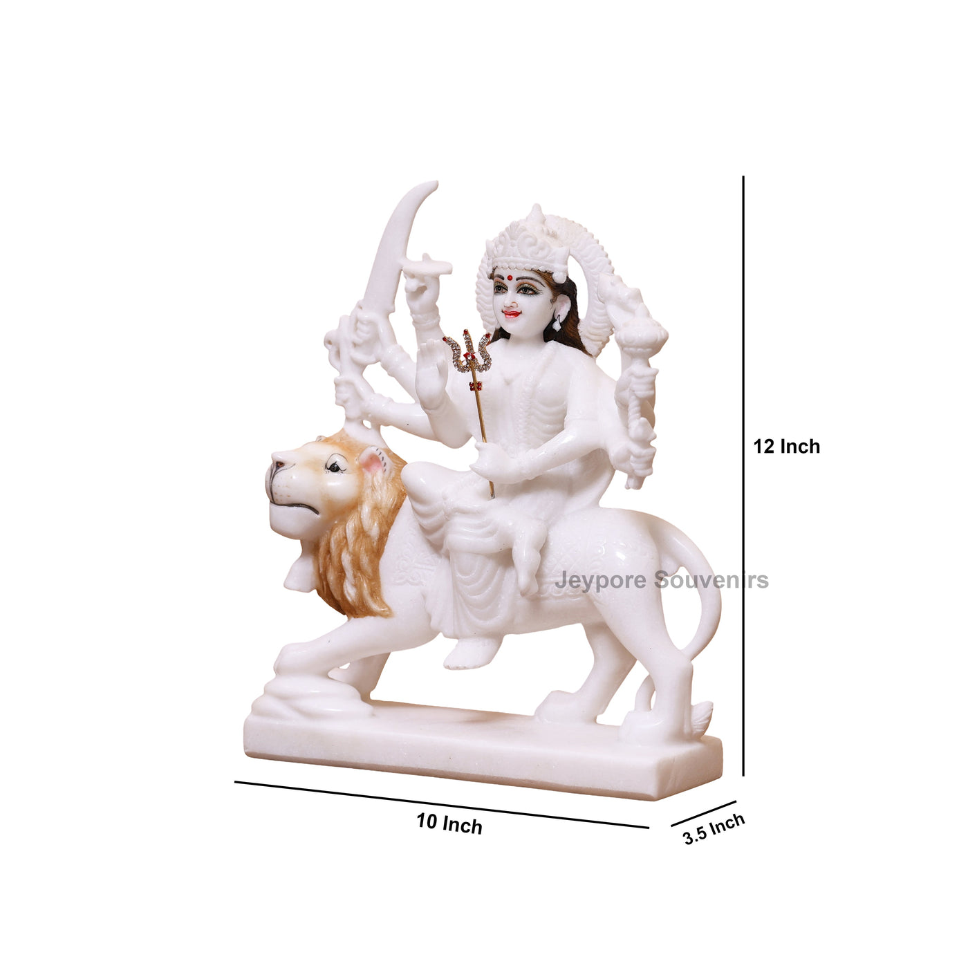 12" Handcrafted White Marble Goddess Durga Idol on Lion (8-Arm)