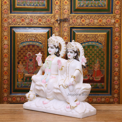 15" Premium White Marble Lord Lakshmi And Vishnu Seated Idol Set with Real Gold Work