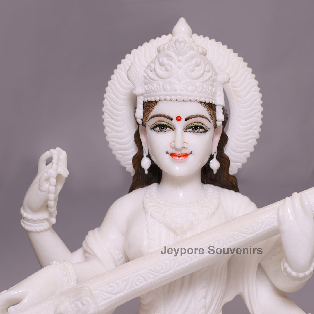 24" Divine Trinity Set: Pure White Marble Lakshmi, Ganesha, &amp;amp; Saraswati Idols&amp;nbsp;