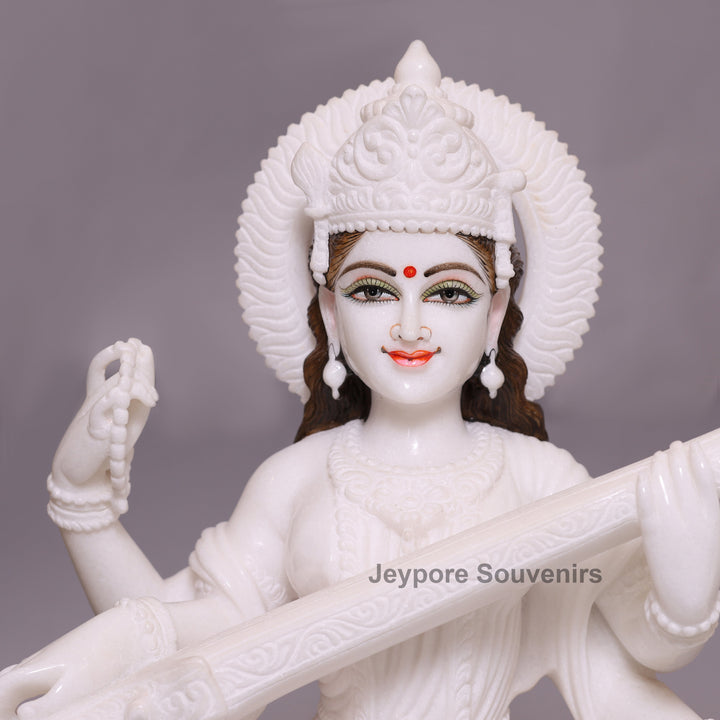 24" Divine Trinity Set: Pure White Marble Lakshmi, Ganesha, &amp;amp; Saraswati Idols&amp;nbsp;