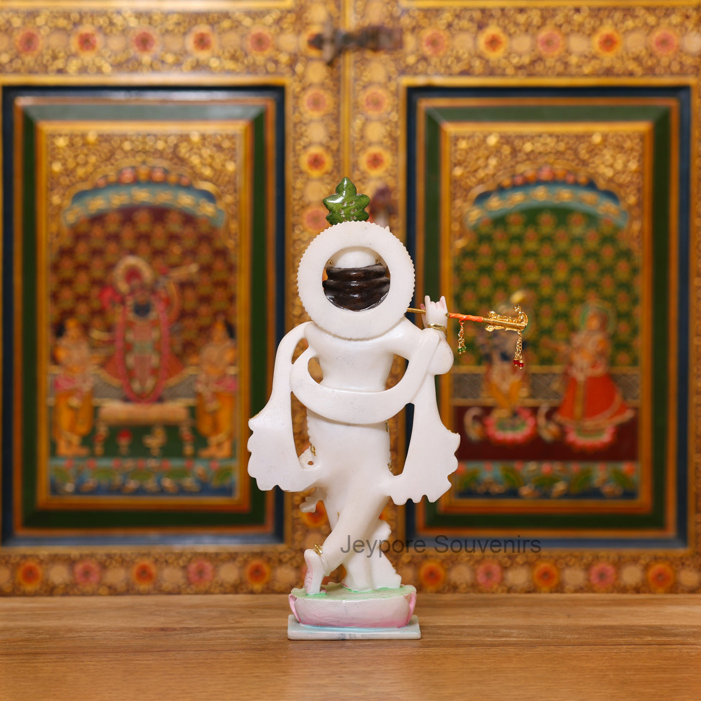 12" Elegant Handcrafted Pure White Marble Krishna Statue with Real Gold Leaf Work