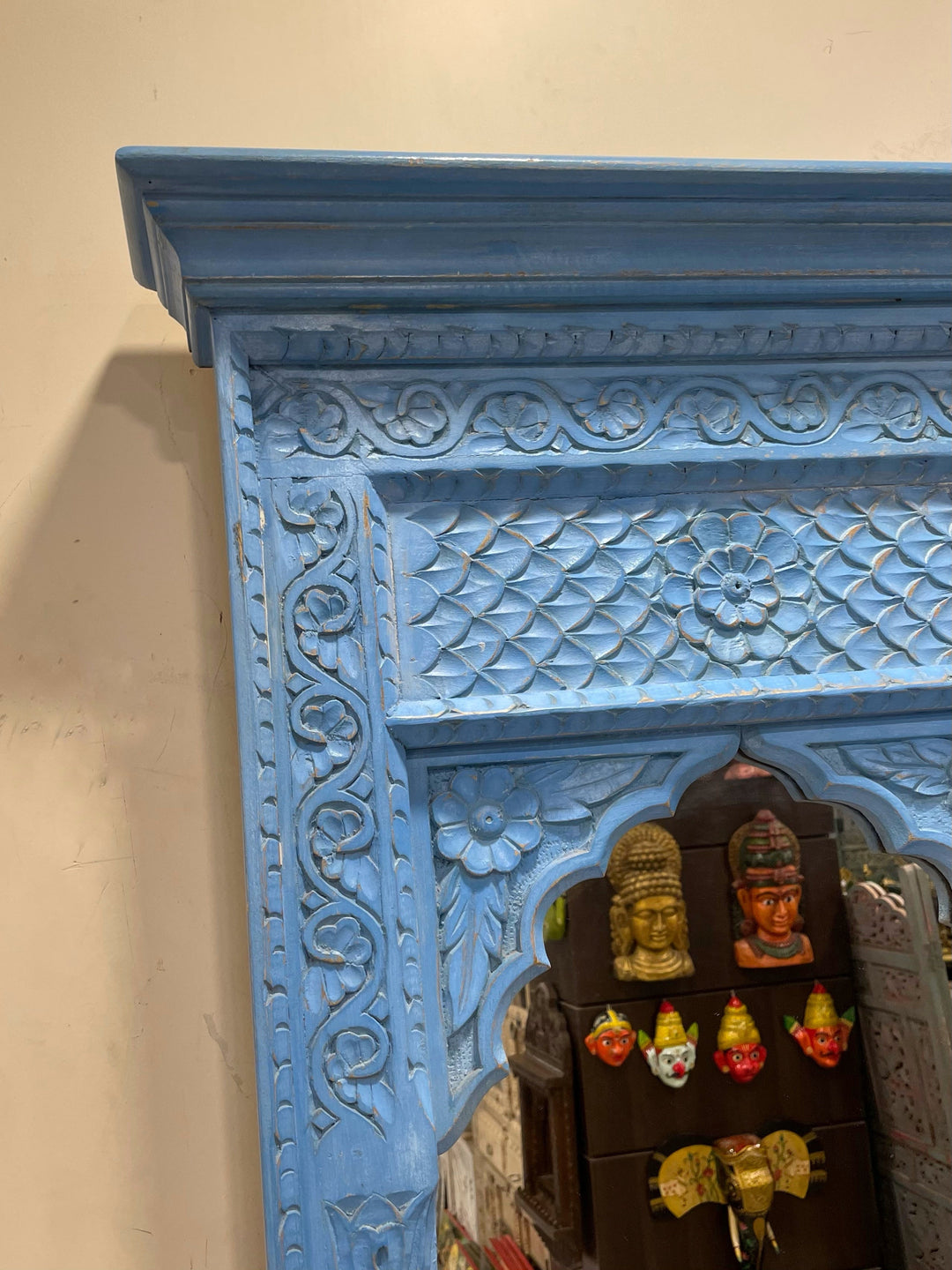 2 Jharokha Hand-Carved Wooden Mirror Frame – Distressed Blue Finish (42" x 42")