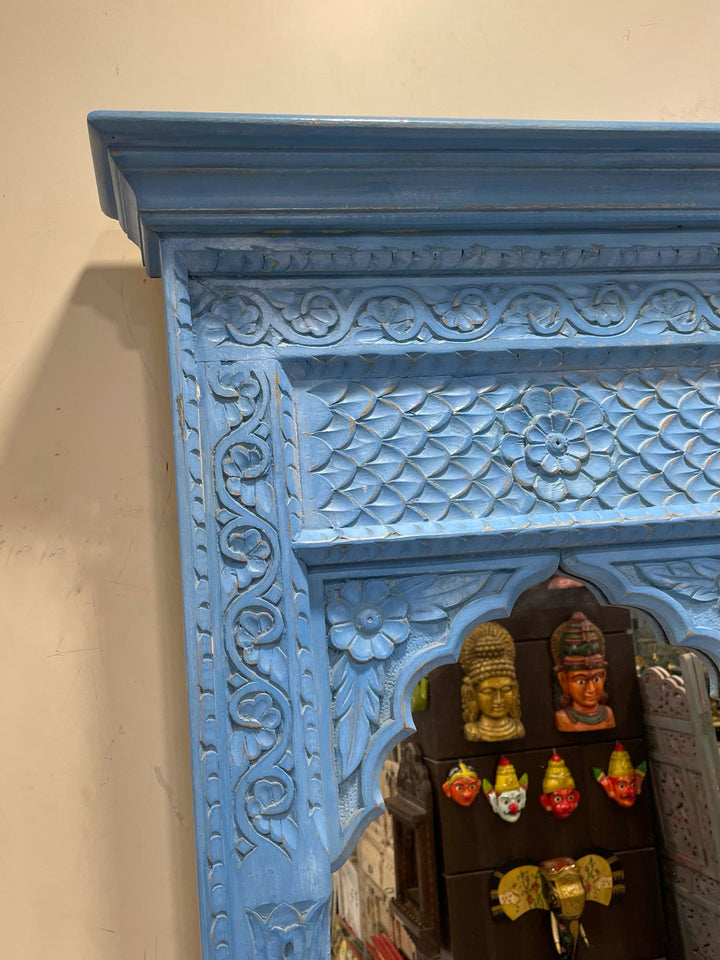 2 Jharokha Hand-Carved Wooden Mirror Frame – Distressed Blue Finish (42" x 42")