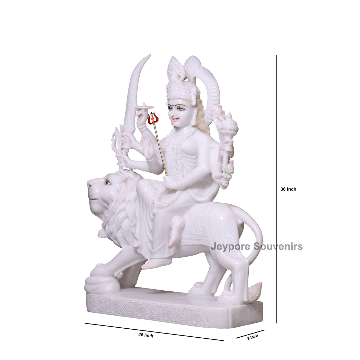 36" Pure White Marble Goddess Durga Idol on Lion
