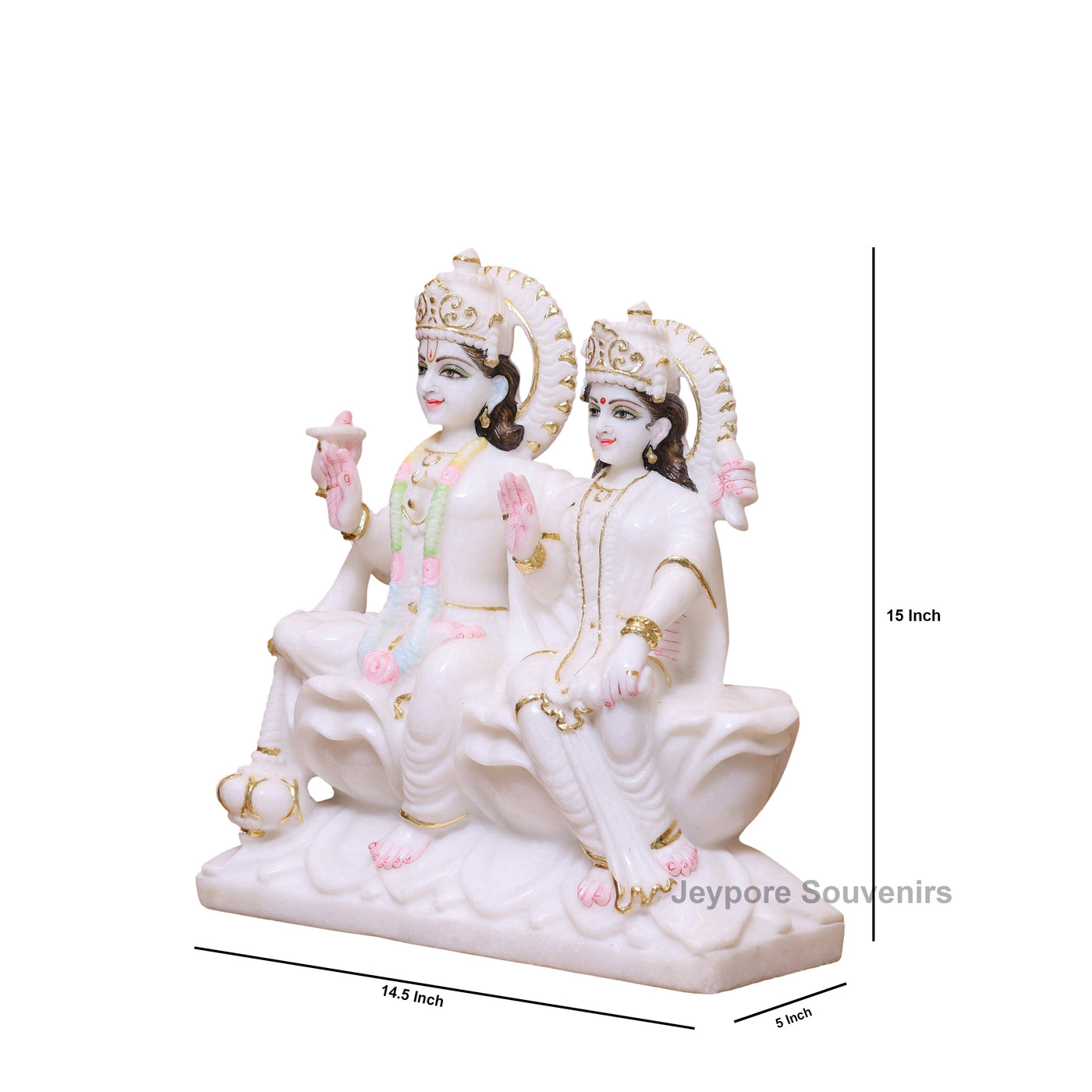 15" Premium White Marble Lord Lakshmi And Vishnu Seated Idol Set with Real Gold Work