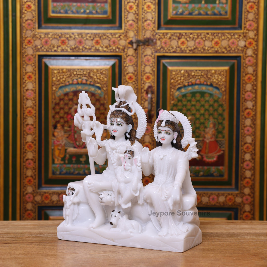 14" White Marble Shiva Parivar Idol | Shiva, Parvati Ganesha, &amp; Kartikeya Set