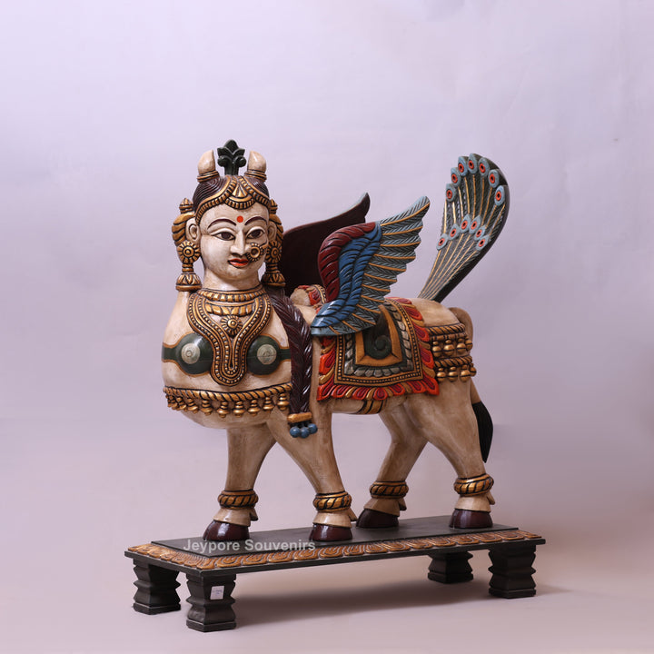 35" Handcrafted Wooden Kamadhenu Statue with Wings