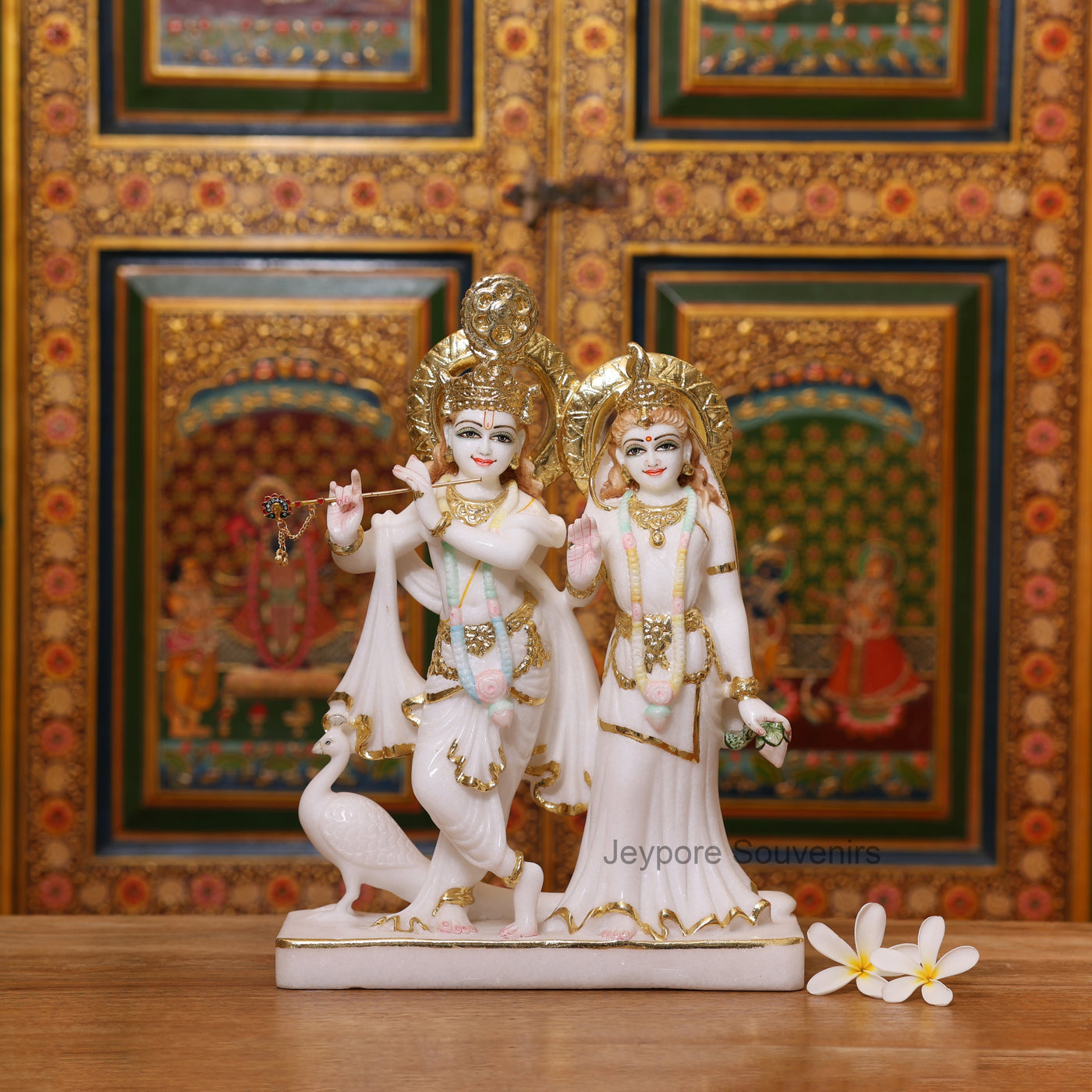 15" Radha Krishna Pure White Marble Statue With Real Gold Leaf Work