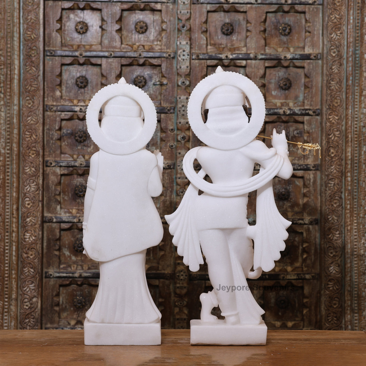 30" Radha Krishna Pure White Marble Statue Pair