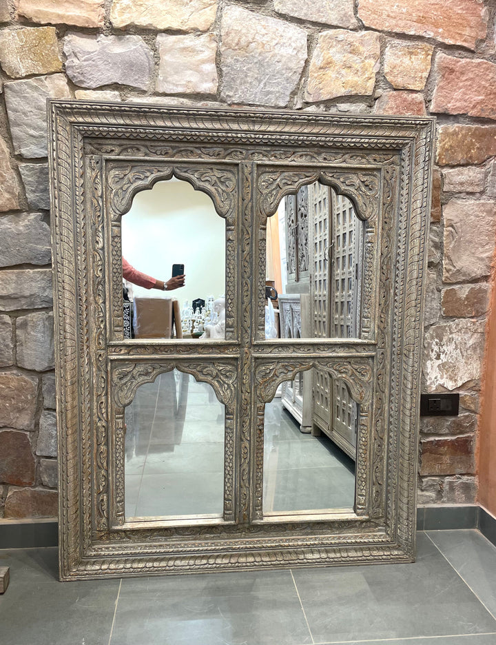 4 Jharokha Hand-Carved Wooden Mirror Frame – Distressed Finish (47" x 59")