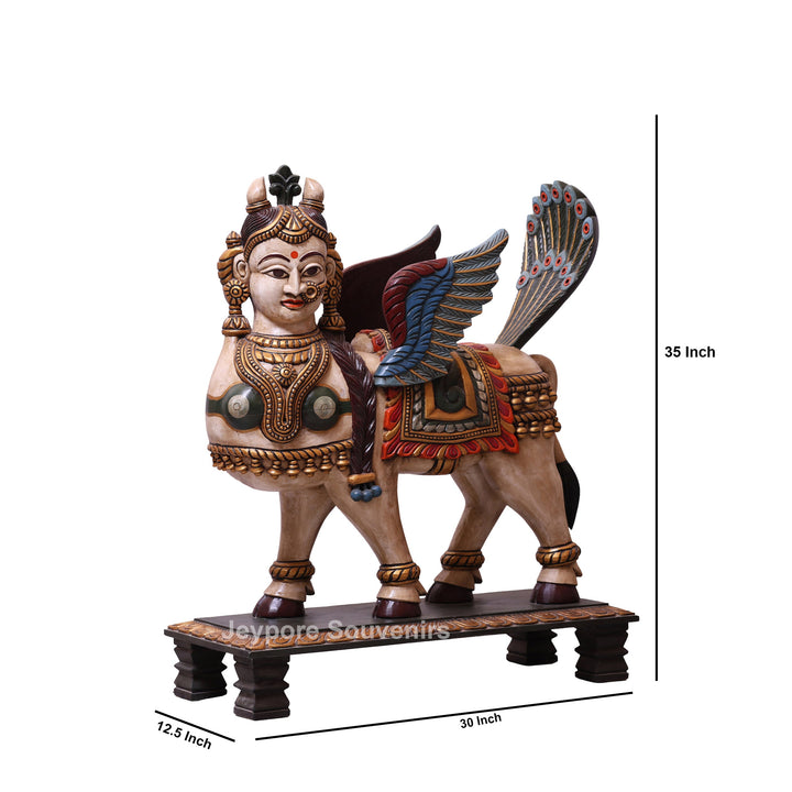35" Handcrafted Wooden Kamadhenu Statue with Wings