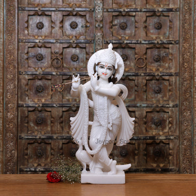 24" Pure White Marble Radha Krishna Statues Pair