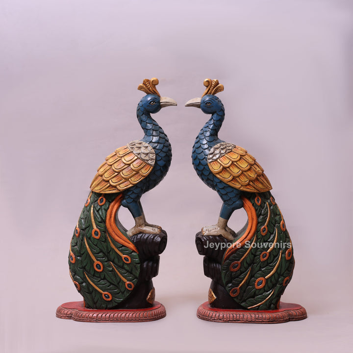 25" Hand-Carved Wooden Peacock Statue