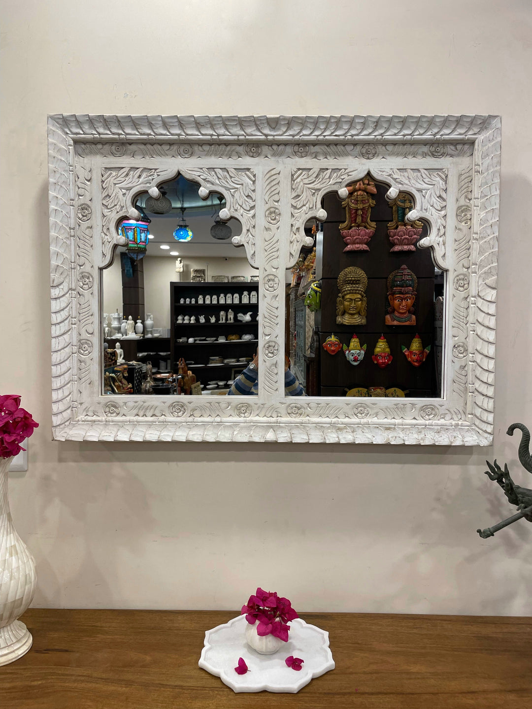 2 Jharokha Hand-Carved Wooden Mirror Frame – Distressed White Finish (30" x 41")