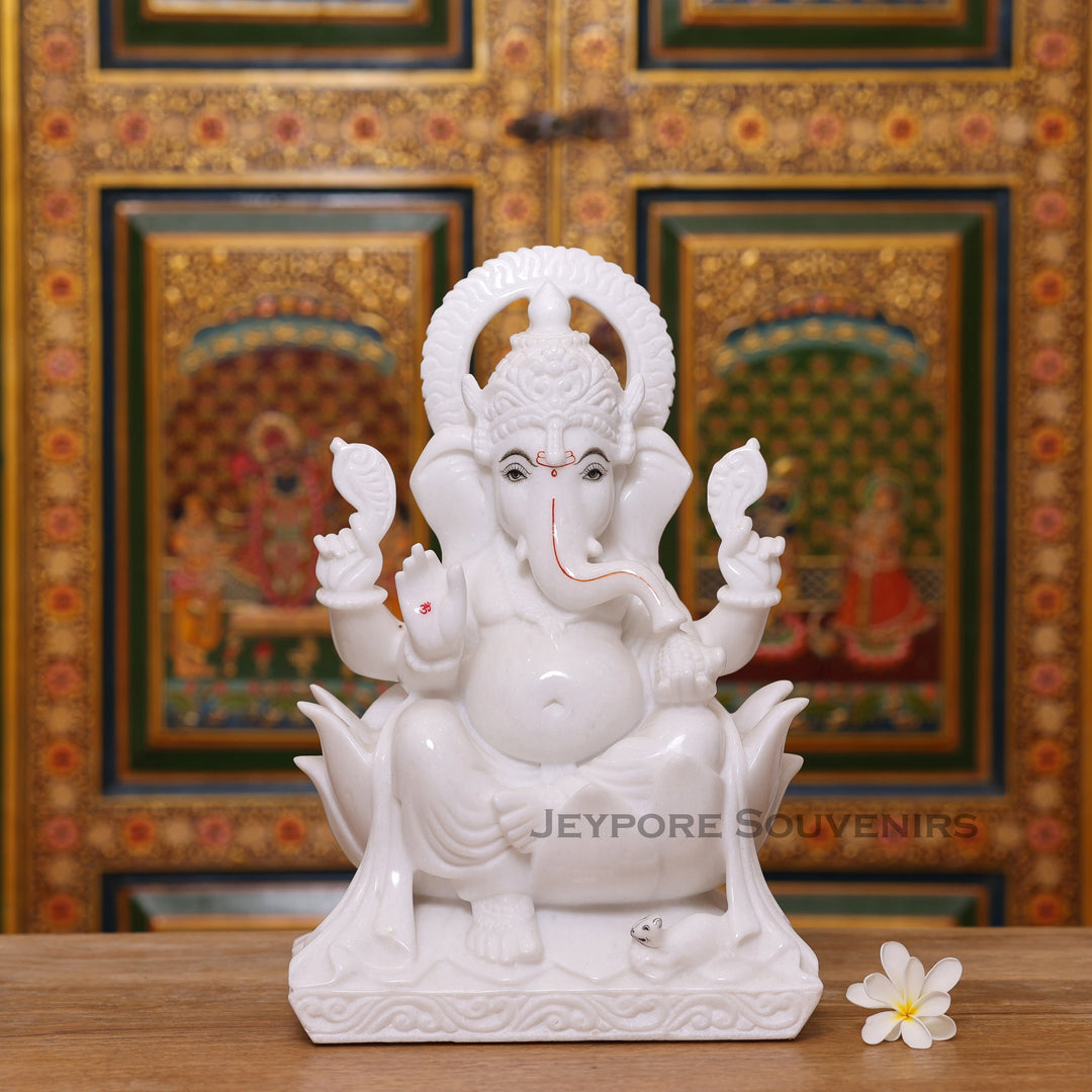 Handcrafted 15" Lord Ganesha Idol in Pure Makrana White Marble