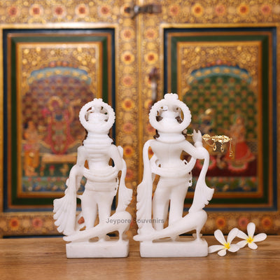 10" Elegant Pure White Marble Radha Krishna Statue Pair