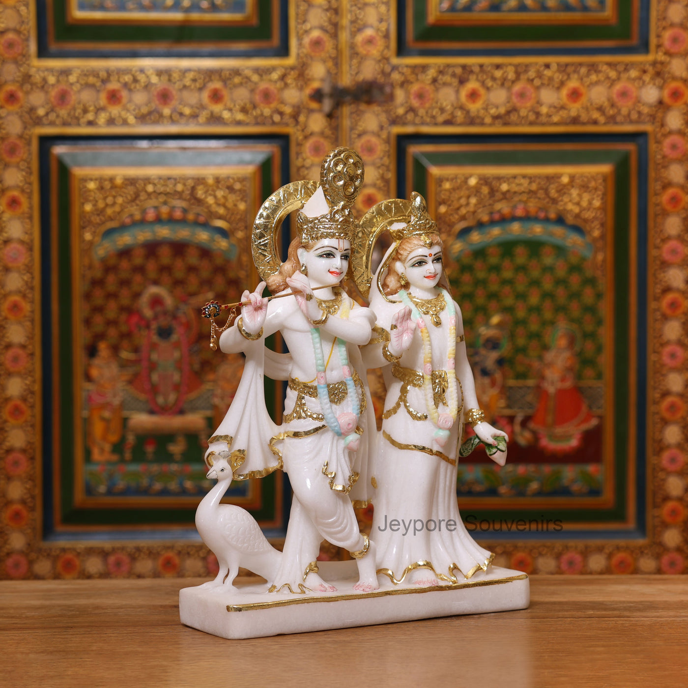15" Radha Krishna Pure White Marble Statue With Real Gold Leaf Work