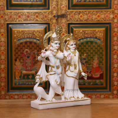 15" Radha Krishna Pure White Marble Statue With Real Gold Leaf Work