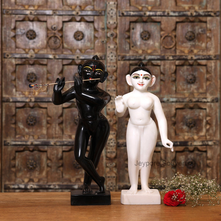 18" Exquisite Handcrafted Black and White Marble Radha Krishna Statues Pair
