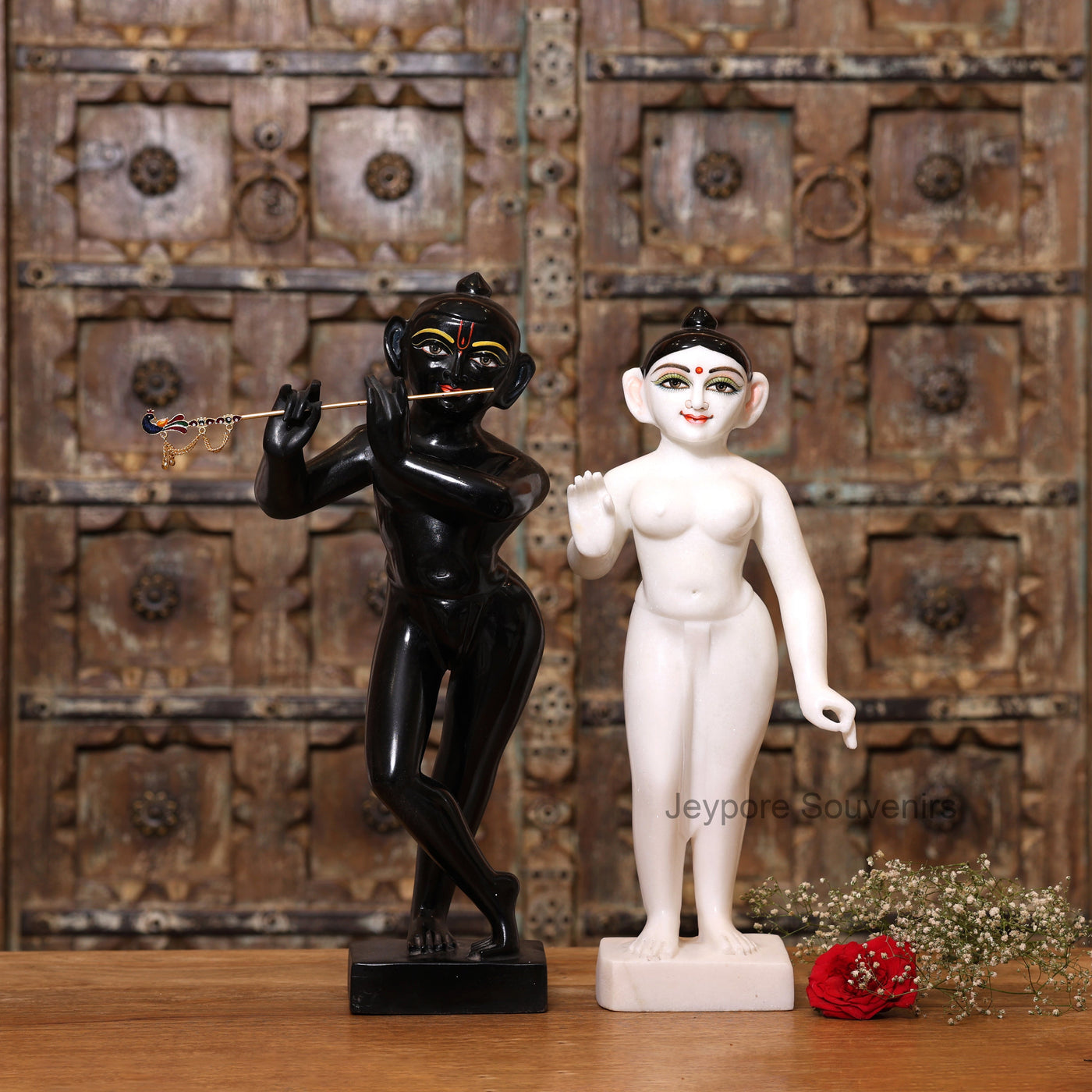 18" Exquisite Handcrafted Black and White Marble Radha Krishna Statues Pair