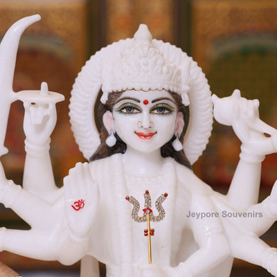 15" Handcrafted Goddess Durga Idol on Lion Made in Pure White Marble