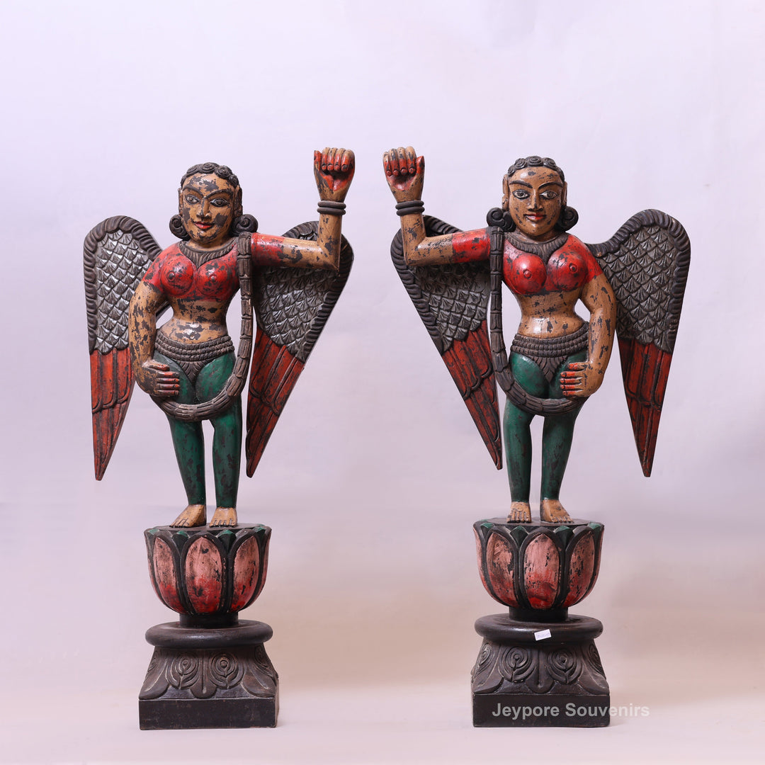 37" Handcrafted Wooden Apsara Winged Statue