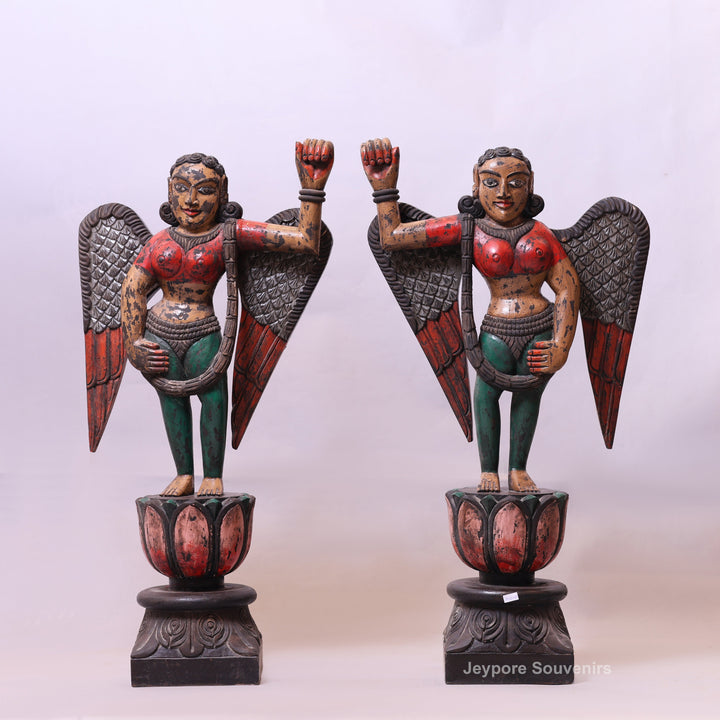 37" Handcrafted Wooden Apsara Winged Statue
