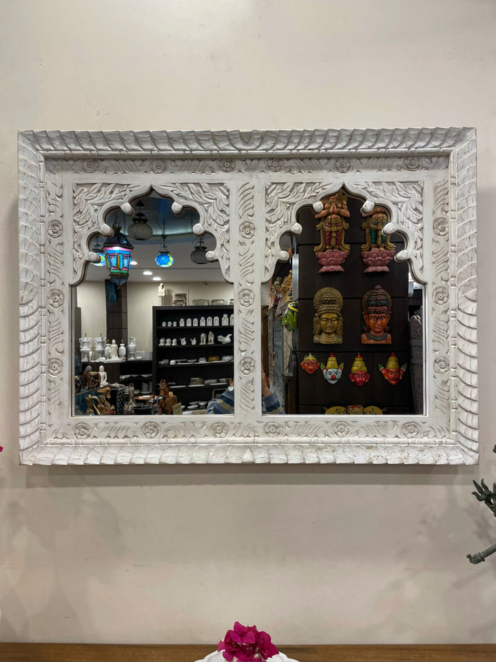 2 Jharokha Hand-Carved Wooden Mirror Frame – Distressed White Finish (30" x 41")