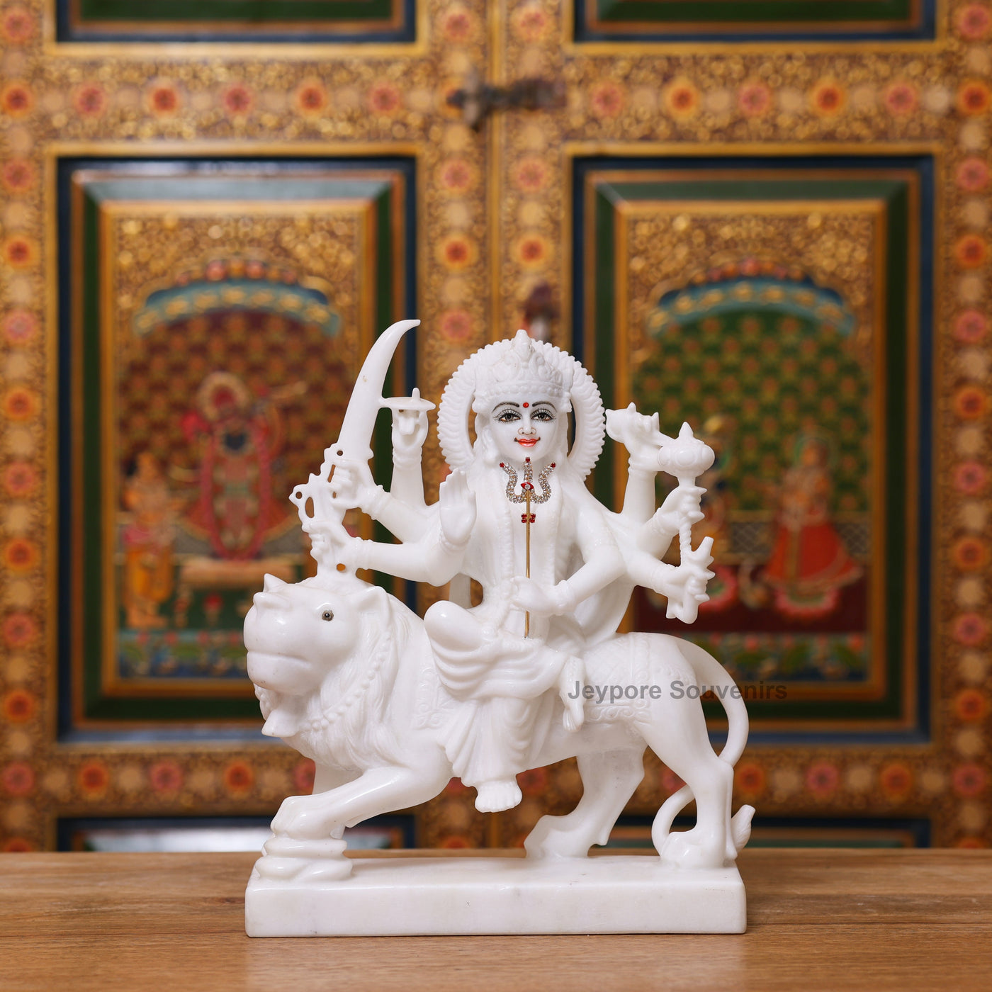 12" Pure Handcrafted White Marble Goddess Durga Idol with Lion