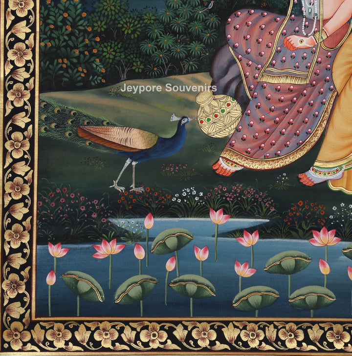 Pichwai Style Seated Radha Krishna Painting On Silk Fabric