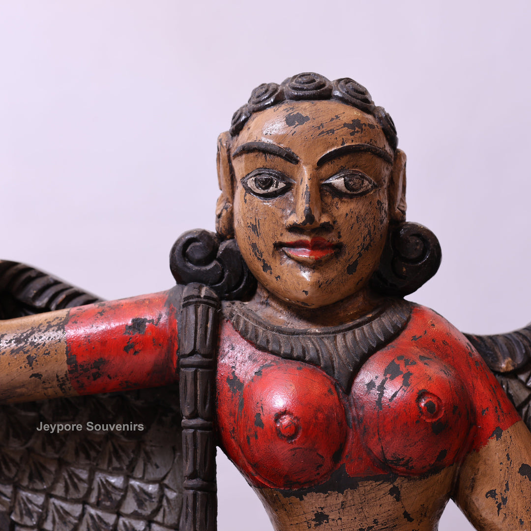 37" Handcrafted Wooden Apsara Winged Statue