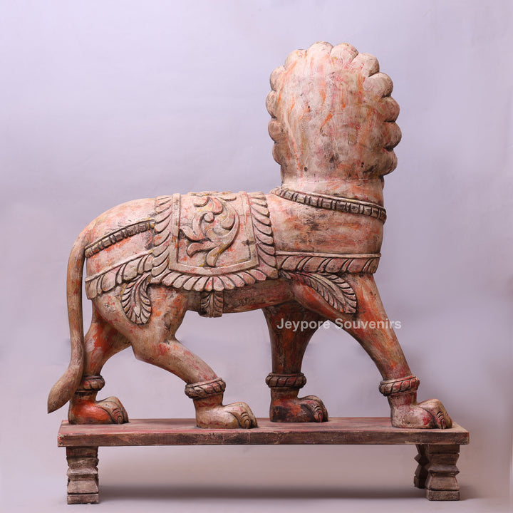 41" Grand Hand-Carved Wooden Yali (Mythical Lion) Statue
