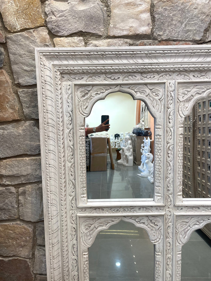 4 Jharokha Hand-Carved Wooden Mirror Frame – Distressed Finish (47" x 59")