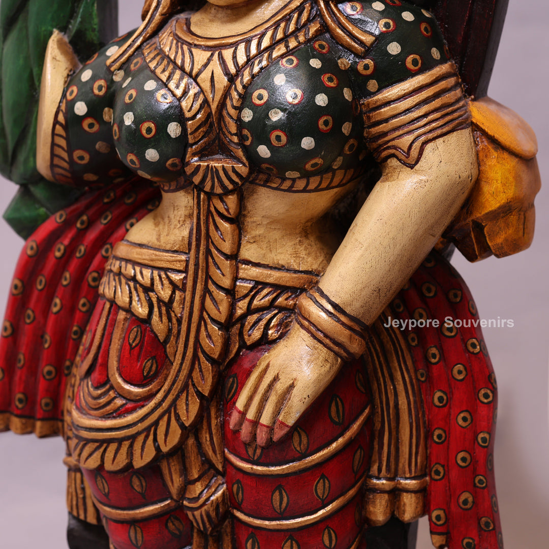 36" Hand-Carved Wooden Traditional Indian Woman Statue