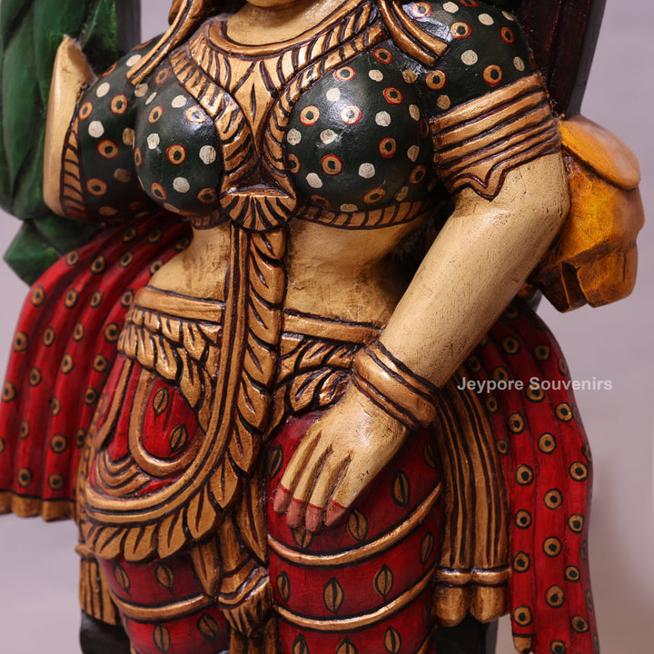 36" Hand-Carved Wooden Traditional Indian Woman Statue
