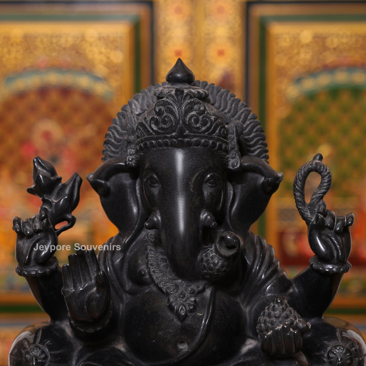 15" Pure Black Marble Handcrafted Sitting Lord Ganesha Idol