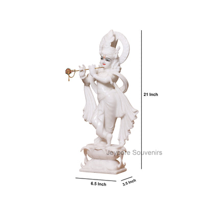 21" Majestic Handcrafted Pure White Marble Krishna Statue (Murti) with Flute